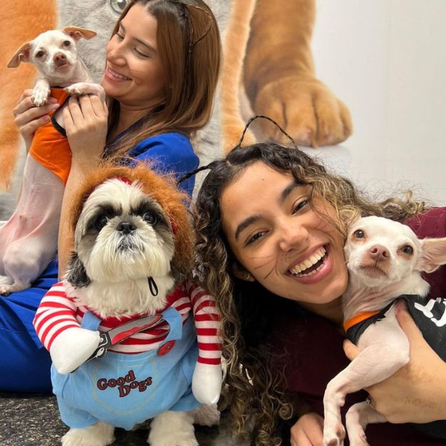 Veterinary Staff and dogs dressed up for halloween