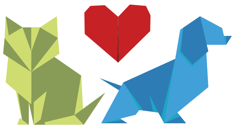 origami dog, cat and heart