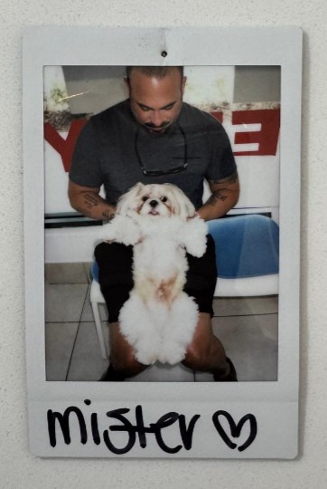 man holding small dog