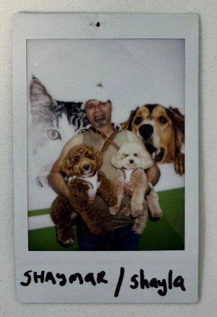 man holding two dogs