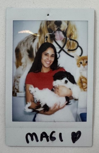 woman holds puppy pets backdrop
